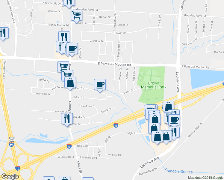 map of restaurants, bars, coffee shops, grocery stores, and more near 206 Rue Royale in Lafayette