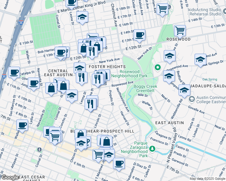 map of restaurants, bars, coffee shops, grocery stores, and more near 2006 Rosewood Avenue in Austin