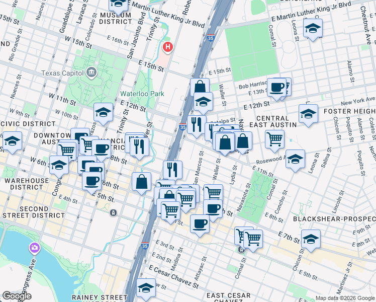 map of restaurants, bars, coffee shops, grocery stores, and more near 813 East 11th Street in Austin