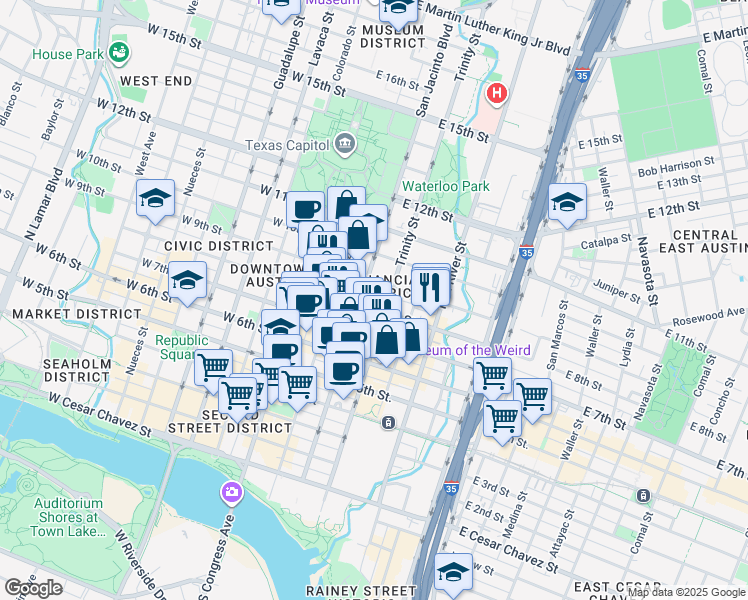 map of restaurants, bars, coffee shops, grocery stores, and more near 903 San Jacinto Boulevard in Austin