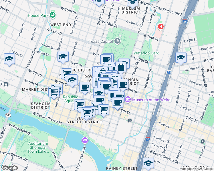 map of restaurants, bars, coffee shops, grocery stores, and more near 713 Congress Avenue in Austin