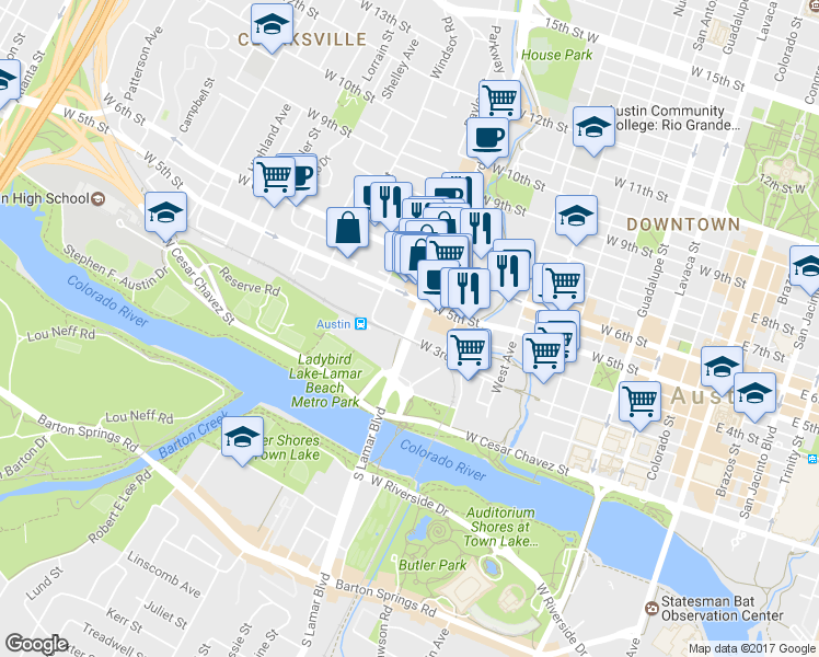 map of restaurants, bars, coffee shops, grocery stores, and more near 302 North Lamar Boulevard in Austin