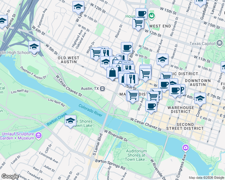 map of restaurants, bars, coffee shops, grocery stores, and more near 1011 West 5th Street in Austin