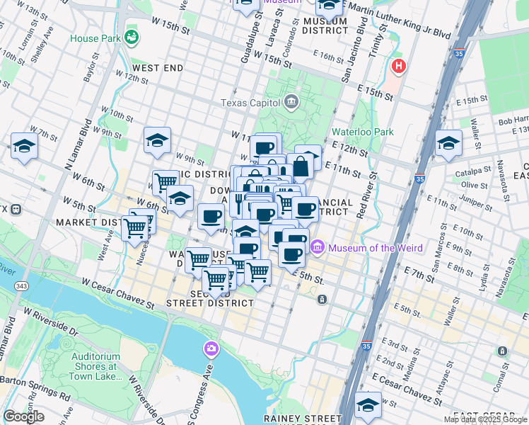 map of restaurants, bars, coffee shops, grocery stores, and more near 713 Congress Avenue in Austin
