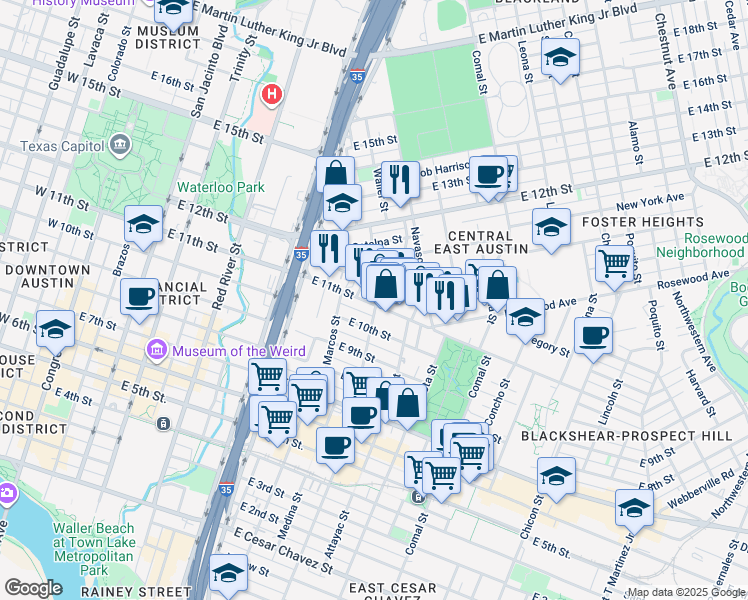 map of restaurants, bars, coffee shops, grocery stores, and more near 1010 East 11th Street in Austin
