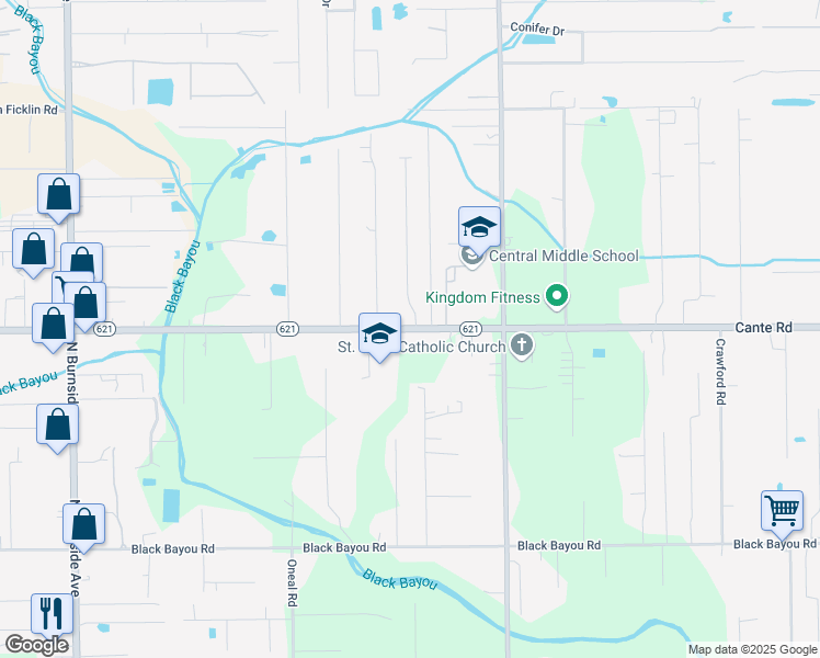 map of restaurants, bars, coffee shops, grocery stores, and more near 41469 Louisiana 621 in Gonzales