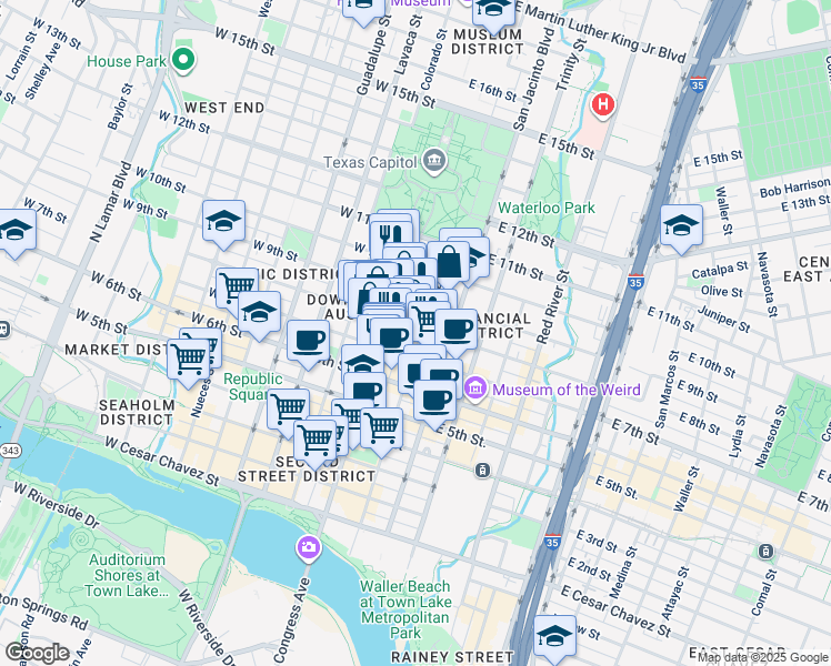 map of restaurants, bars, coffee shops, grocery stores, and more near 720 Brazos Street in Austin