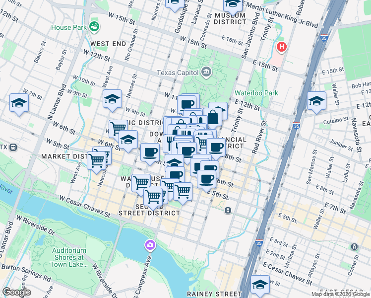map of restaurants, bars, coffee shops, grocery stores, and more near 713 Congress Avenue in Austin