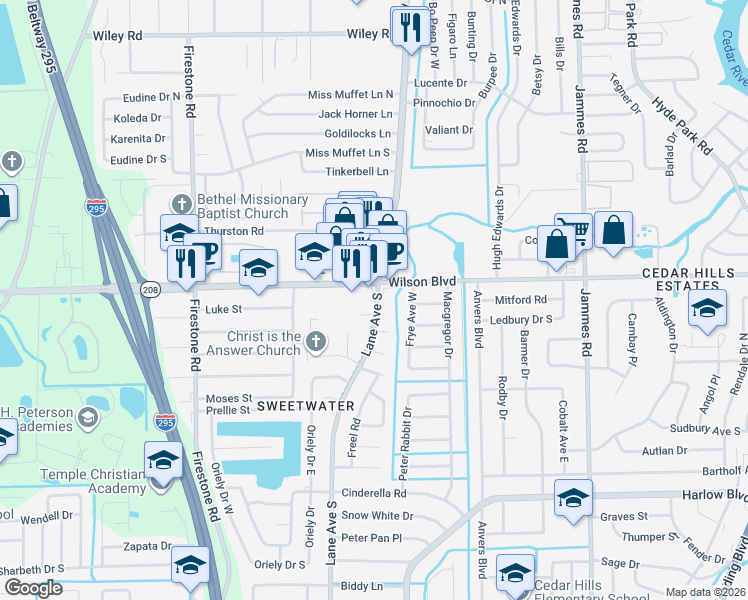 map of restaurants, bars, coffee shops, grocery stores, and more near 6836 Wilson Boulevard in Jacksonville