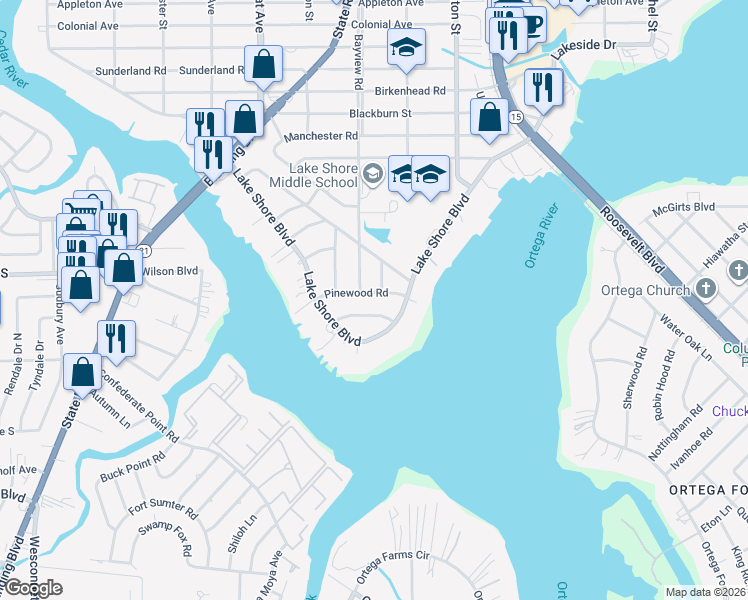 map of restaurants, bars, coffee shops, grocery stores, and more near 2755 Bayview Road in Jacksonville