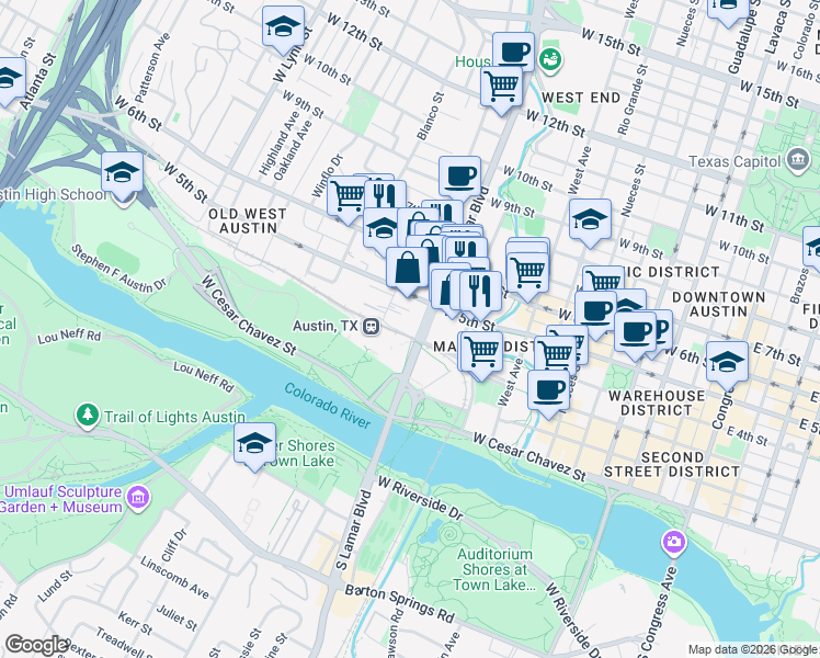 map of restaurants, bars, coffee shops, grocery stores, and more near 1011 West 5th Street in Austin
