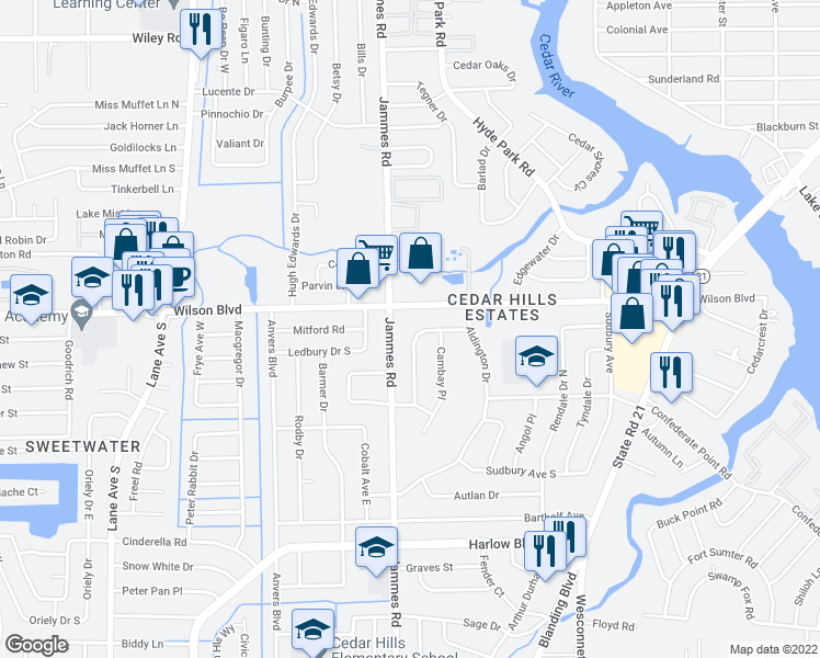 map of restaurants, bars, coffee shops, grocery stores, and more near 3702 Colebrooke Drive in Jacksonville