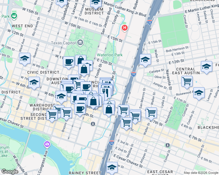 map of restaurants, bars, coffee shops, grocery stores, and more near 901 Red River Street in Austin