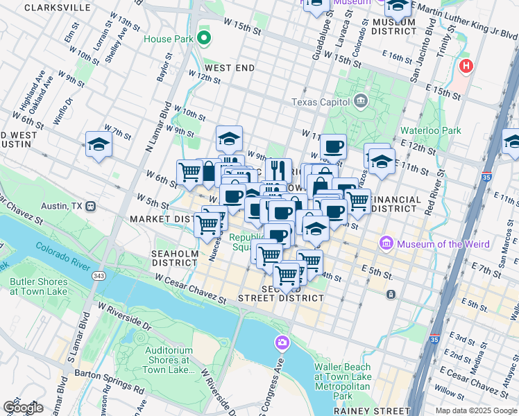 map of restaurants, bars, coffee shops, grocery stores, and more near 600 Guadalupe Street in Austin