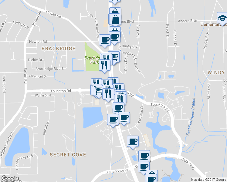 map of restaurants, bars, coffee shops, grocery stores, and more near Touchton Road in Jacksonville