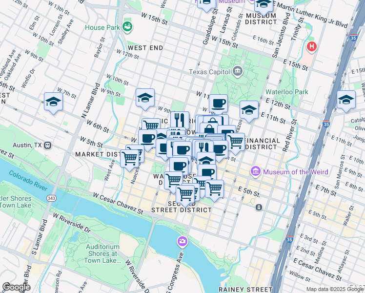 map of restaurants, bars, coffee shops, grocery stores, and more near 210 West 7th Street in Austin