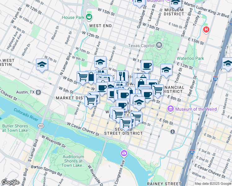 map of restaurants, bars, coffee shops, grocery stores, and more near 612 1/2 Guadalupe Street in Austin