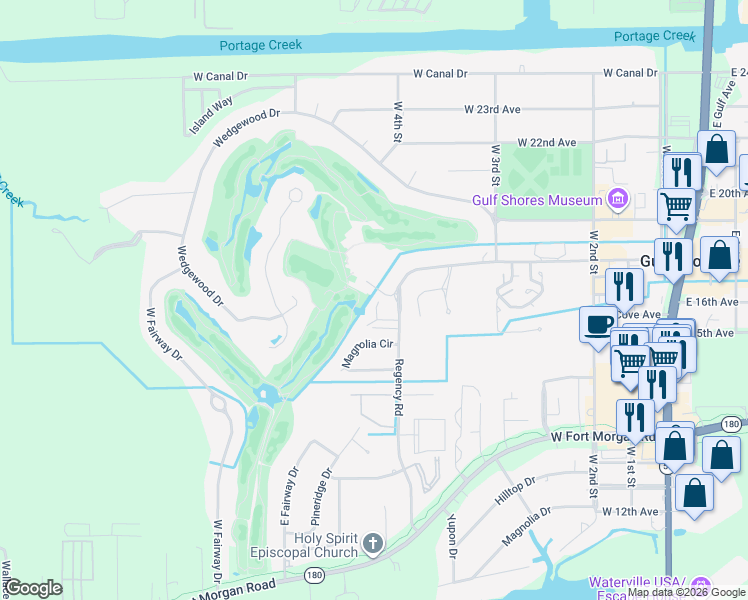 map of restaurants, bars, coffee shops, grocery stores, and more near 520 Clubhouse Drive in Gulf Shores