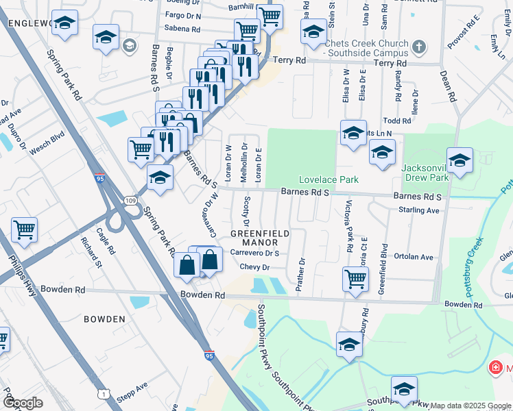 map of restaurants, bars, coffee shops, grocery stores, and more near 3013 Skipper Lane in Jacksonville