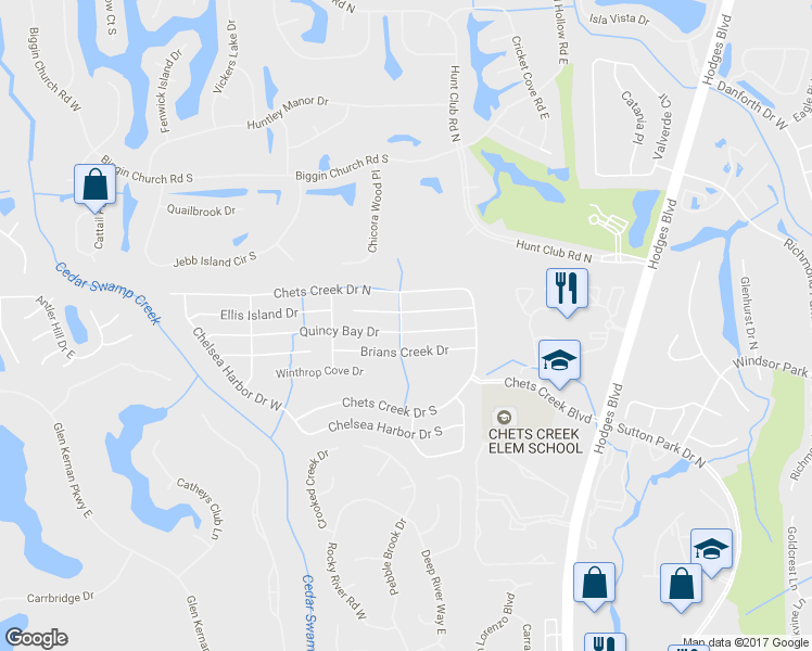 map of restaurants, bars, coffee shops, grocery stores, and more near 13049 Quincy Bay Drive in Jacksonville