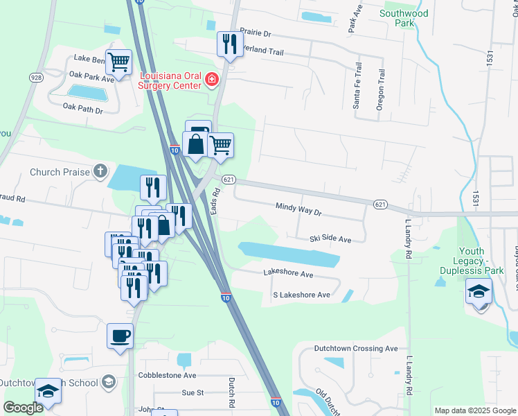 map of restaurants, bars, coffee shops, grocery stores, and more near 37184 Mindy Way Avenue in Prairieville