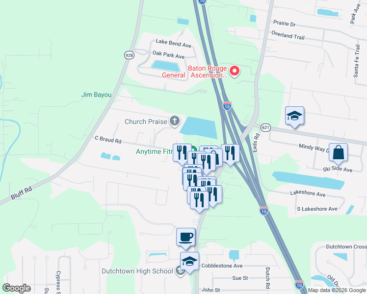 map of restaurants, bars, coffee shops, grocery stores, and more near 36506 C Braud Road in Prairieville