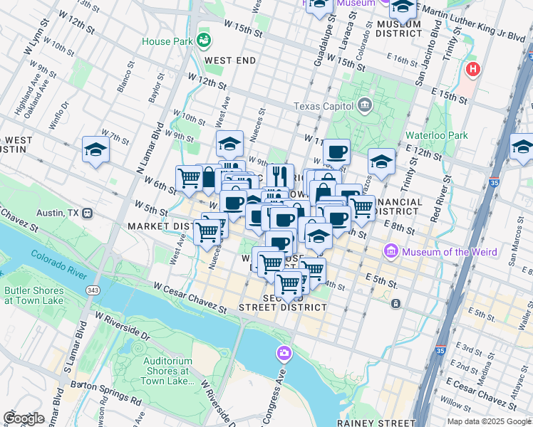 map of restaurants, bars, coffee shops, grocery stores, and more near 612 1/2 Guadalupe Street in Austin