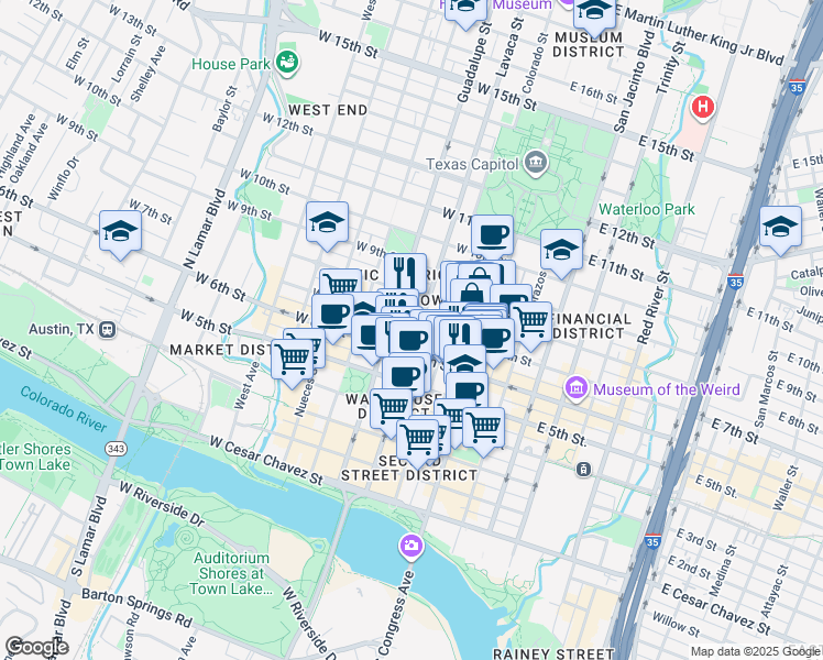 map of restaurants, bars, coffee shops, grocery stores, and more near 311 West 7th Street in Austin