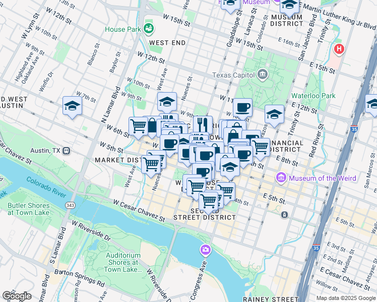 map of restaurants, bars, coffee shops, grocery stores, and more near 612 1/2 Guadalupe Street in Austin