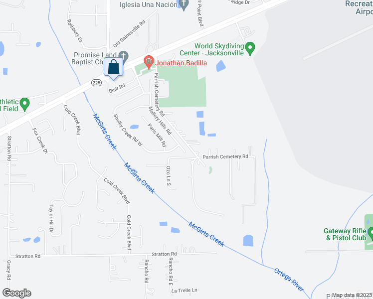 map of restaurants, bars, coffee shops, grocery stores, and more near 2505 Mallory Hills Road in Jacksonville