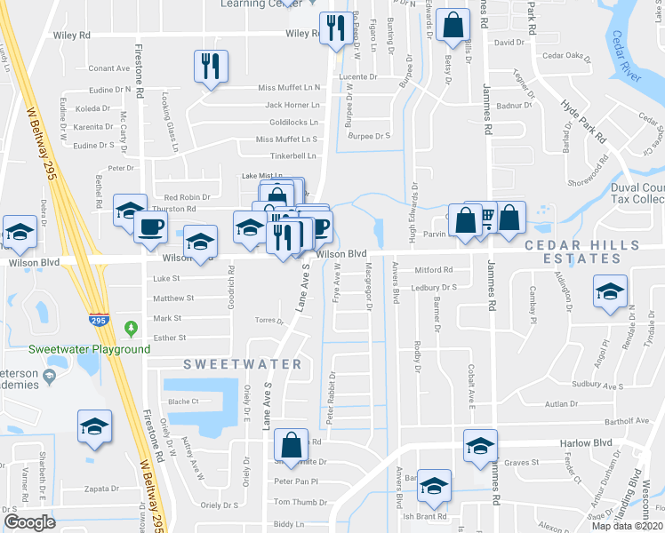map of restaurants, bars, coffee shops, grocery stores, and more near 3605 Frye Avenue West in Jacksonville