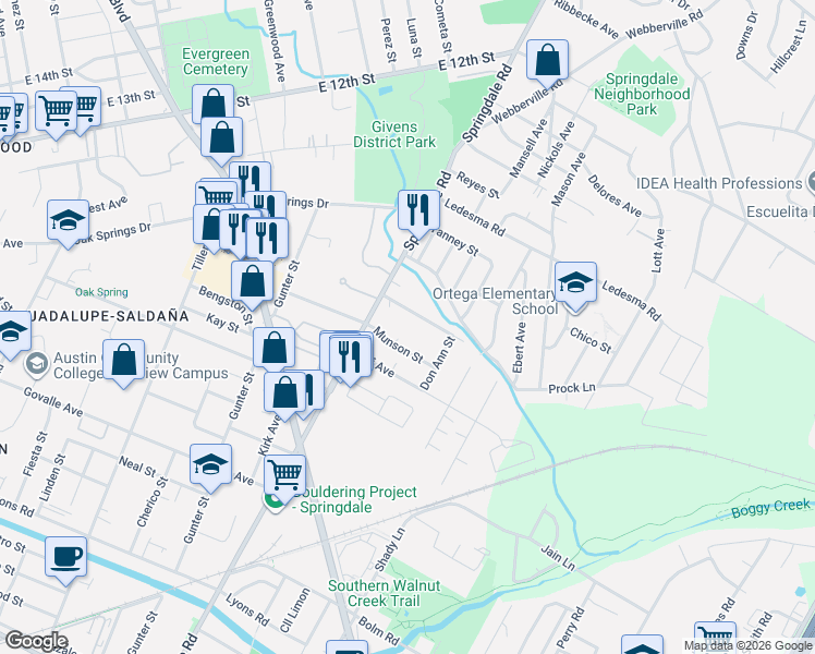 map of restaurants, bars, coffee shops, grocery stores, and more near 4609 Prock Lane in Austin