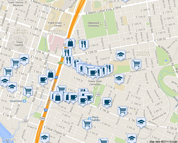 map of restaurants, bars, coffee shops, grocery stores, and more near in Austin