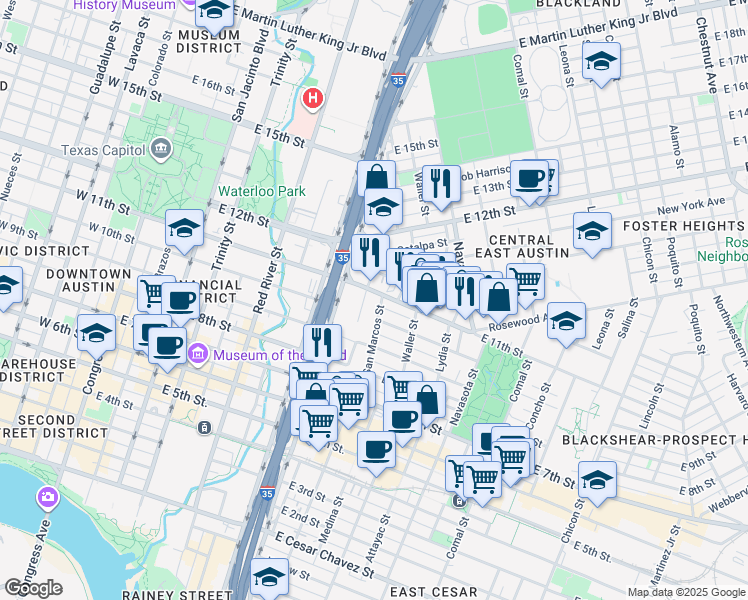 map of restaurants, bars, coffee shops, grocery stores, and more near 912 East 11th Street in Austin