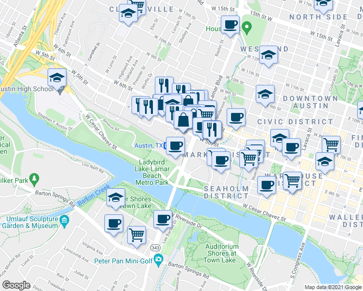 map of restaurants, bars, coffee shops, grocery stores, and more near 306 Baylor Street in Austin