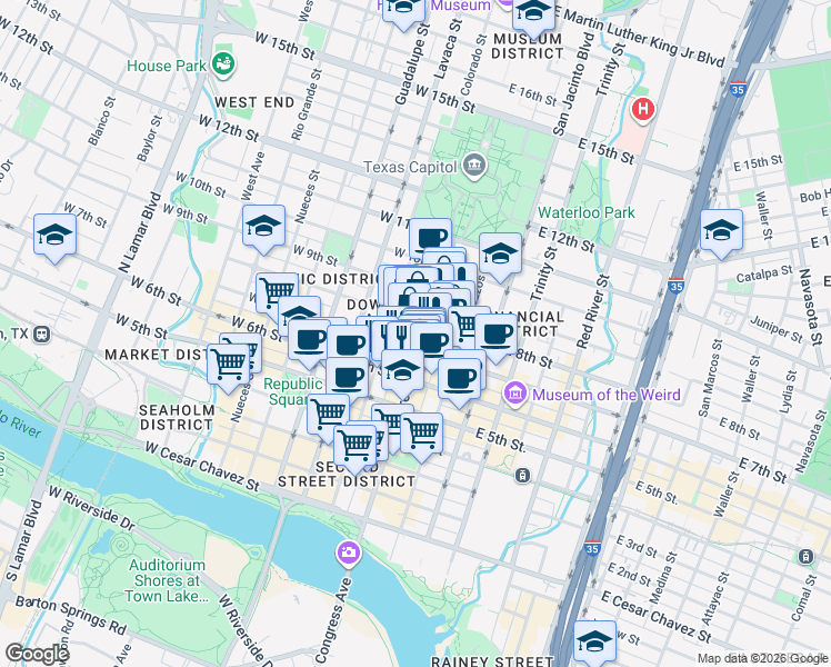 map of restaurants, bars, coffee shops, grocery stores, and more near in Austin