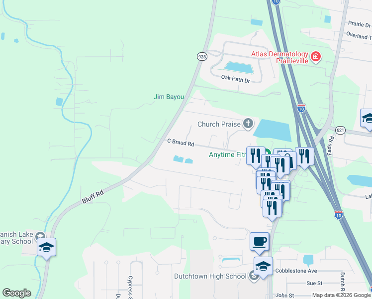 map of restaurants, bars, coffee shops, grocery stores, and more near 36335 C Braud Road in Prairieville