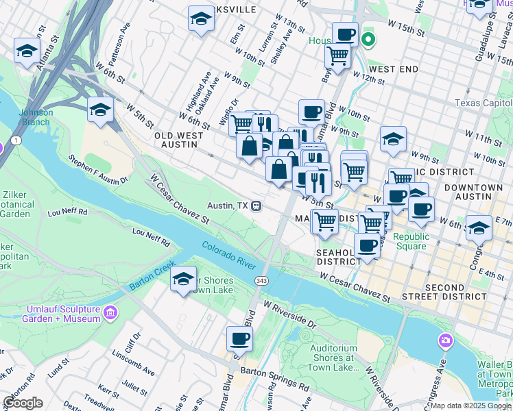 map of restaurants, bars, coffee shops, grocery stores, and more near 250 North Lamar Boulevard in Austin