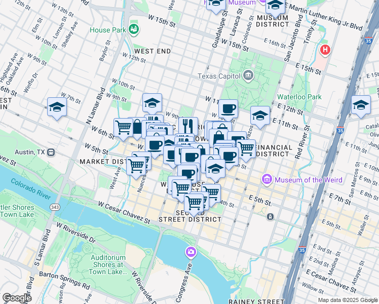 map of restaurants, bars, coffee shops, grocery stores, and more near 311 West 7th Street in Austin