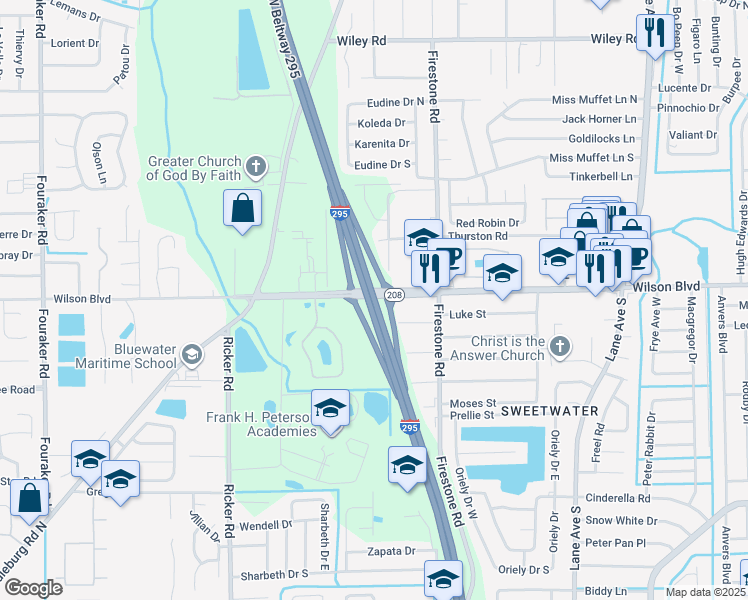 map of restaurants, bars, coffee shops, grocery stores, and more near West Beltway 295 in Jacksonville
