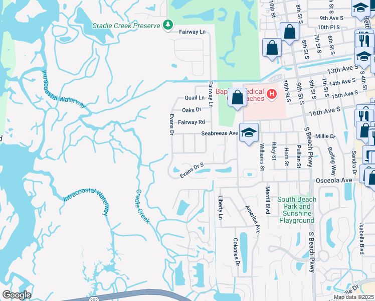 map of restaurants, bars, coffee shops, grocery stores, and more near 107 Trudee Dee Lane in Jacksonville Beach