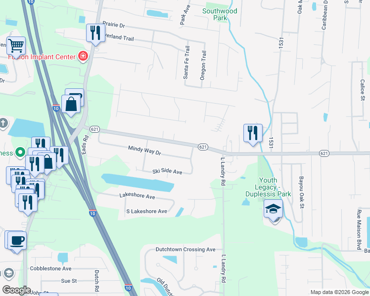 map of restaurants, bars, coffee shops, grocery stores, and more near 37372 Louisiana 621 in Prairieville