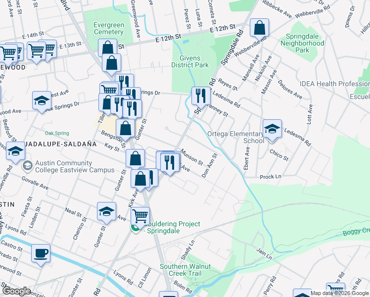 map of restaurants, bars, coffee shops, grocery stores, and more near 4609 Prock Lane in Austin