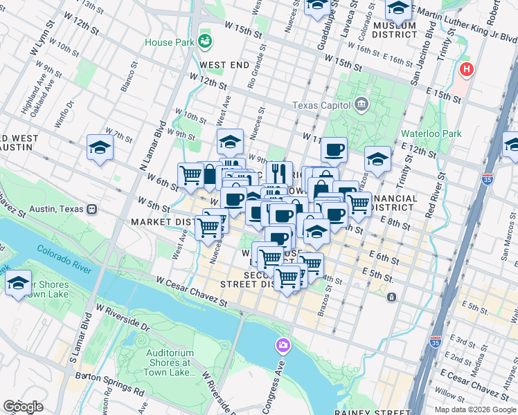 map of restaurants, bars, coffee shops, grocery stores, and more near 600 Guadalupe Street in Austin