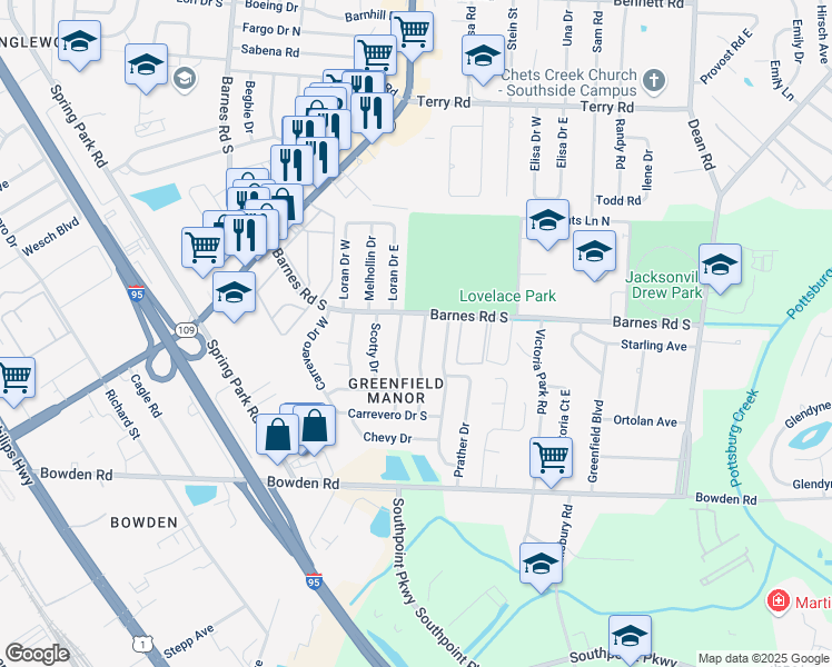 map of restaurants, bars, coffee shops, grocery stores, and more near 3013 Skipper Lane in Jacksonville