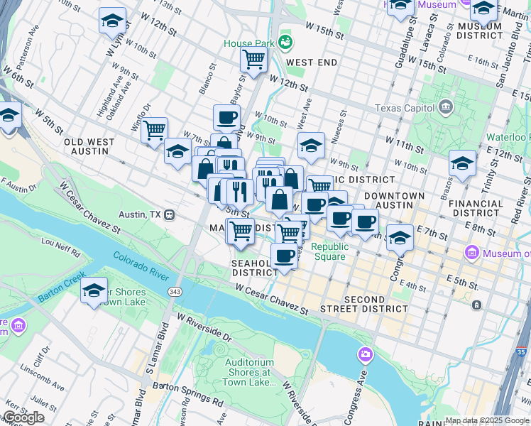 map of restaurants, bars, coffee shops, grocery stores, and more near 832 West 5th Street in Austin