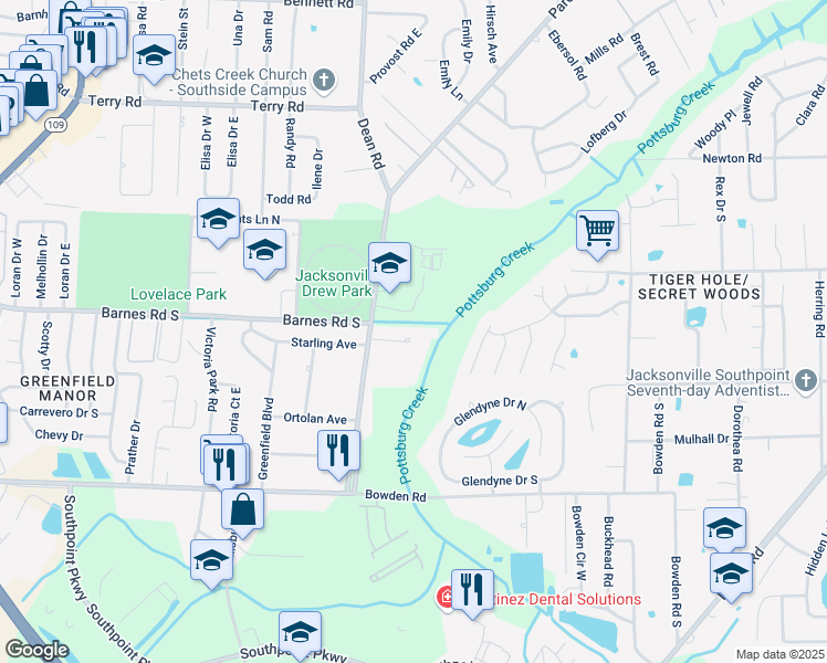 map of restaurants, bars, coffee shops, grocery stores, and more near 6775 Yvonne Lane in Jacksonville
