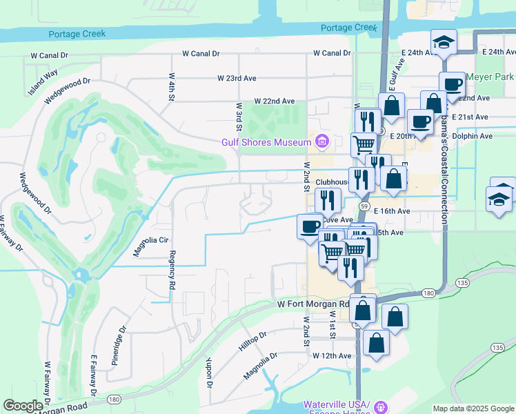 map of restaurants, bars, coffee shops, grocery stores, and more near 389 Clubhouse Drive in Gulf Shores