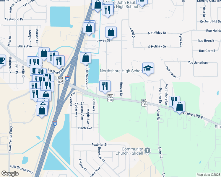 map of restaurants, bars, coffee shops, grocery stores, and more near 111 Hoover Drive in Slidell