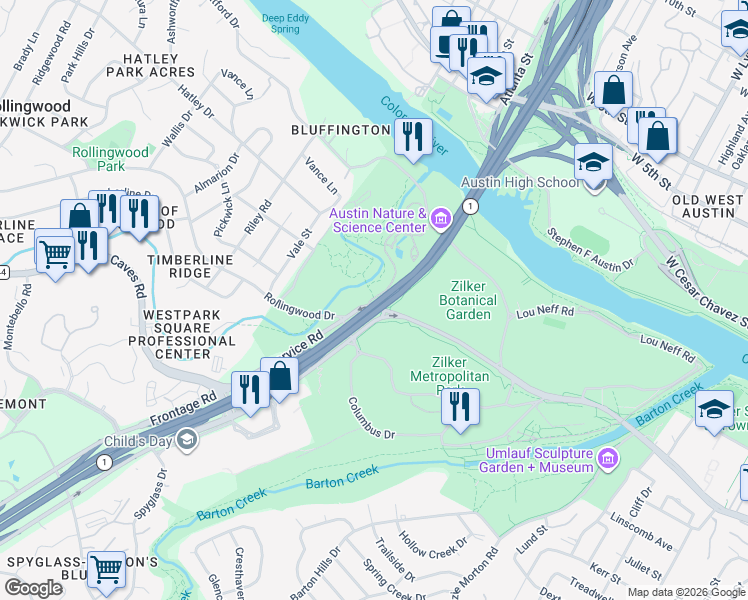 map of restaurants, bars, coffee shops, grocery stores, and more near 301 Nature Center Drive in Austin